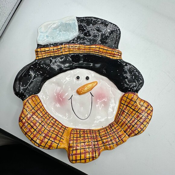 Christmas Snowman Candy Dish Plate Ceramic Pottery Trinket Scarf Yellow Black - Picture 11 of 12